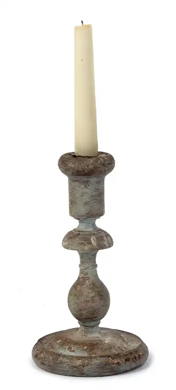 Early Treen Candlestick in Old Paint, Beautifully Turned, Sheet Iron Nozzle Liner