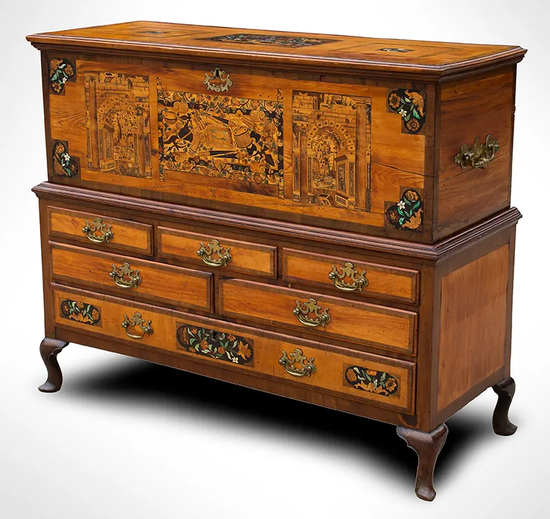 Marqueterie Inlaid Chest on Chest, Marquetery Coffer on Case of Drawers, entire view