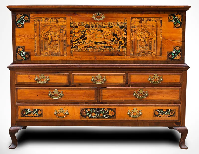Marqueterie Inlaid Chest on Chest, Marquetery Coffer on Case of Drawers, entire view 2