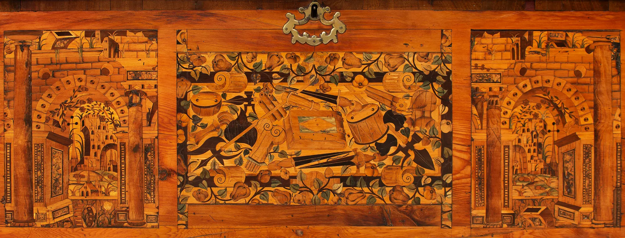 Marqueterie Inlaid Chest on Chest, Marquetery Coffer on Case of Drawers, detail view 1