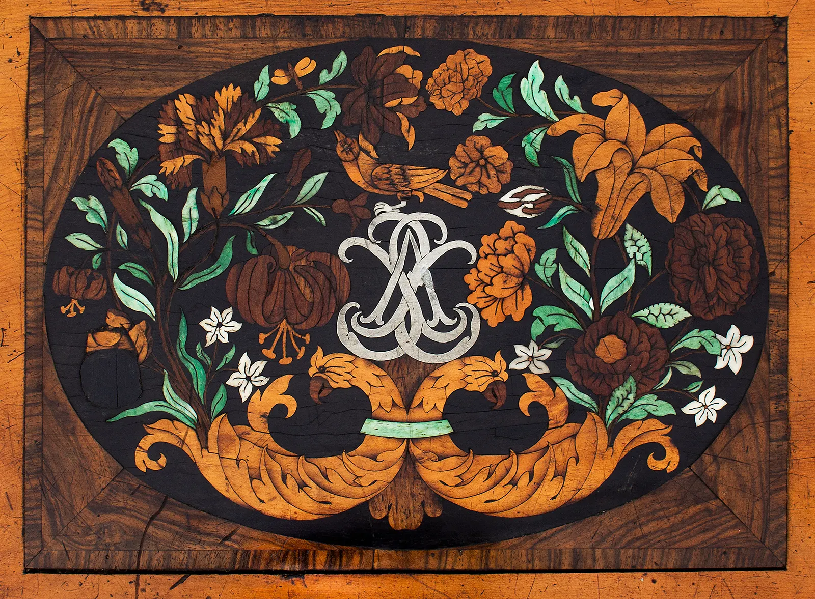 Marqueterie Inlaid Chest on Chest, Marquetery Coffer on Case of Drawers, detail view 2