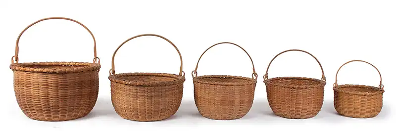 Taconic Baskets, Nest of 5, Swing Handles. Round Rims & Bottoms, Domed