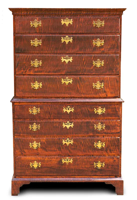 Chippendale Chest-on-Chest, Screaming Tiger Maple, Great Patina, and Brasses Rhode Island, entire view 2