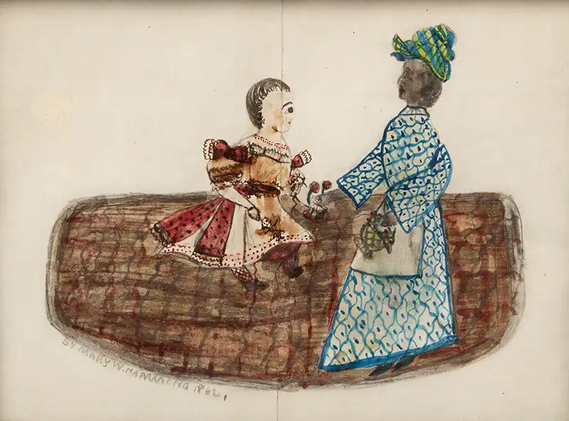 Pair, Folk Art Watercolors, African American Nanny with Caucasian Child