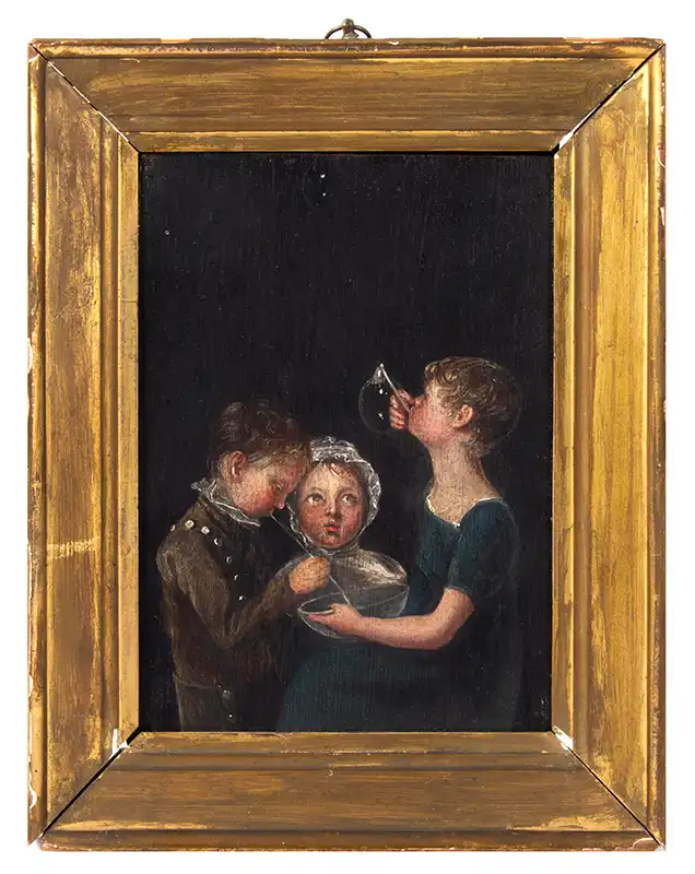 Triple Folk Art Portrait, Siblings Blowing Soap Bubbles
