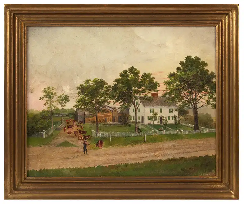 Painting, House & Environs, Colonial Home, Barns, Cattle & Farmer, Trains