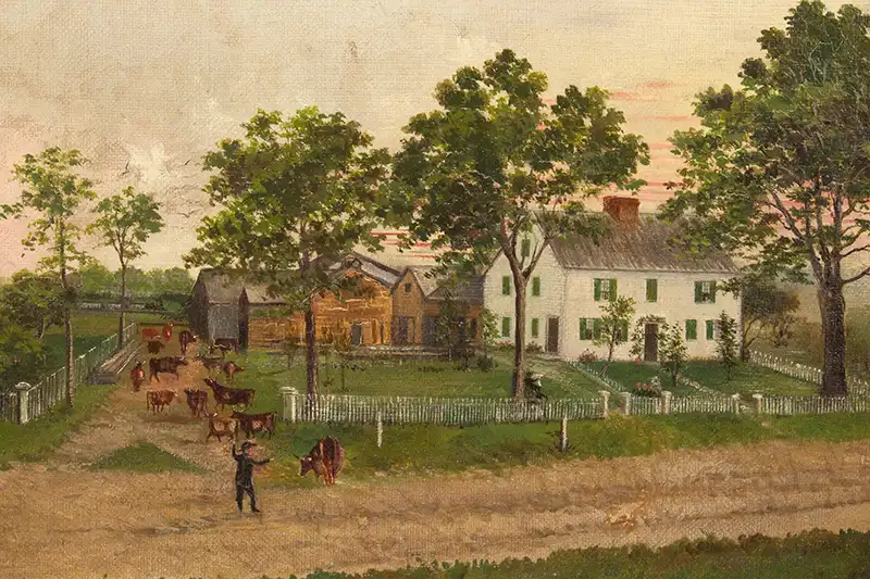 Painting, House & Environs, Colonial Home, Barns, Cattle & Farmer, Trains