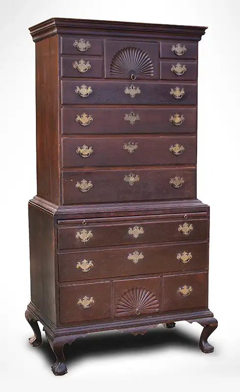 Chippendale Fan-Carved Cherrywood Claw-and-Ball Foot Chest-on-Chest