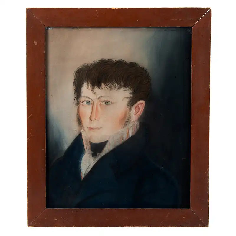 Folk Portrait, Handsome Young Man, Red Painted Frame