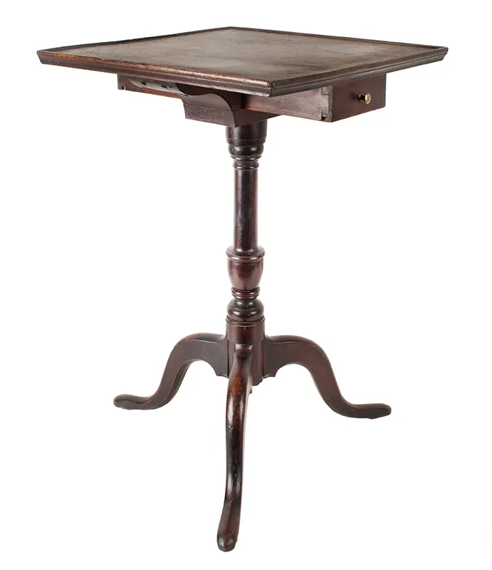 Antique Candlestand, Candle Drawer, Molded Top
Connecticut, Hartford Area, Circa 1780-1810
Cherry: the wonderfully mahoganized surface is likely original, entire view 1
