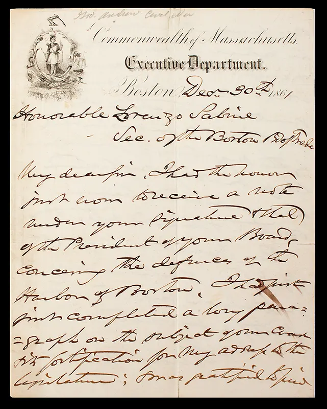 Civil War: Mass Governor Andrews ALS Boston, Dec 31st 1861, Andrews writes to Lorenzo Sabine, Sec. of the Boston Board of Trade regarding usage of Boston Harbor, entire view