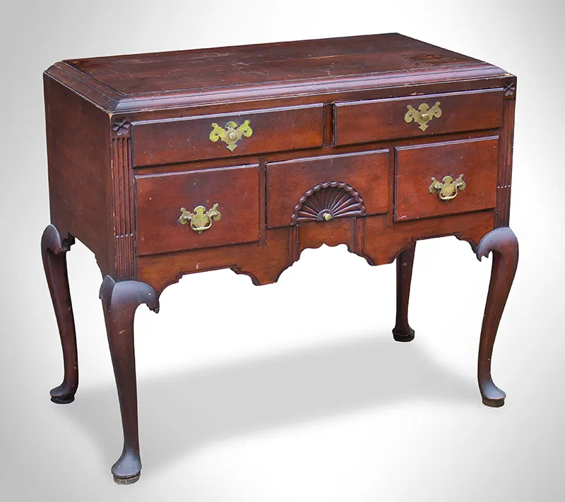 18th Century Carved Highboy Base, Server, Dressing Table
Connecticut River Valley
Cherry, entire view