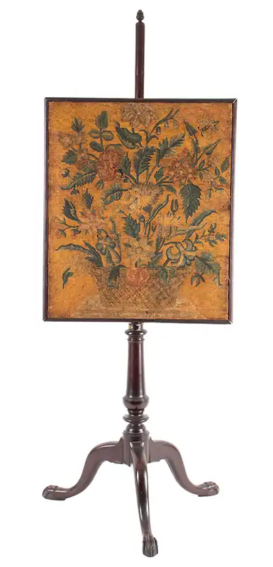 Fire Screen, Queen Anne Pole Screen,
Mahogany, Embroidered Floral Panel
Possibly American, Circa 1760 