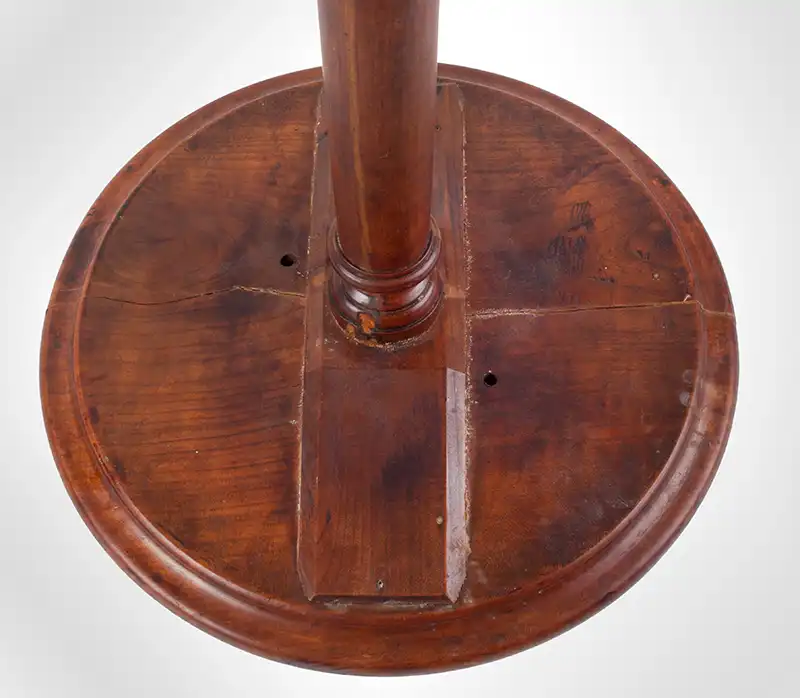 Antique Dished Top Country Candle or Kettle Stand
New England, Probably early 19th Century
Cherry, fruitwood top, underside view
