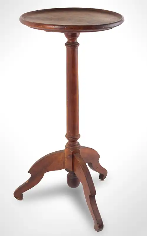 Antique Dished Top Country Candle or Kettle Stand
New England, Probably early 19th Century
Cherry, fruitwood top, entire view 2
