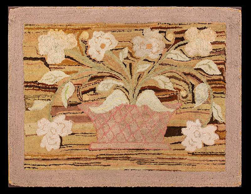 Hooked Rug, Basket of Flowers Against Variegated Background Anonymous, entire view