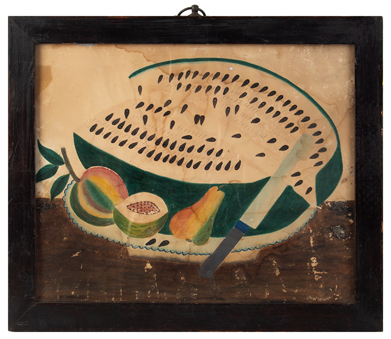 Folk Art, Watercolor Theorem, Watermelon, Fruits, and Knife on Platter New England, entire view