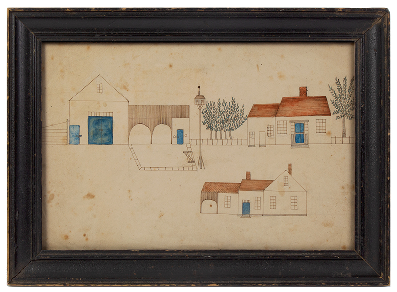 Mary Knight (1811-1897), Folk Art Drawing, Architectural, Otisfield, Maine, entire view