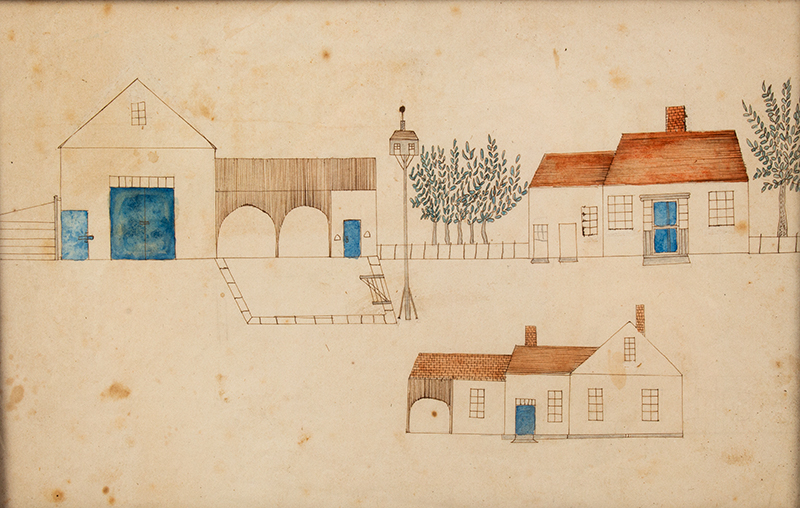 Mary Knight (1811-1897), Folk Art Drawing, Architectural, Otisfield, Maine, entire view sans frame