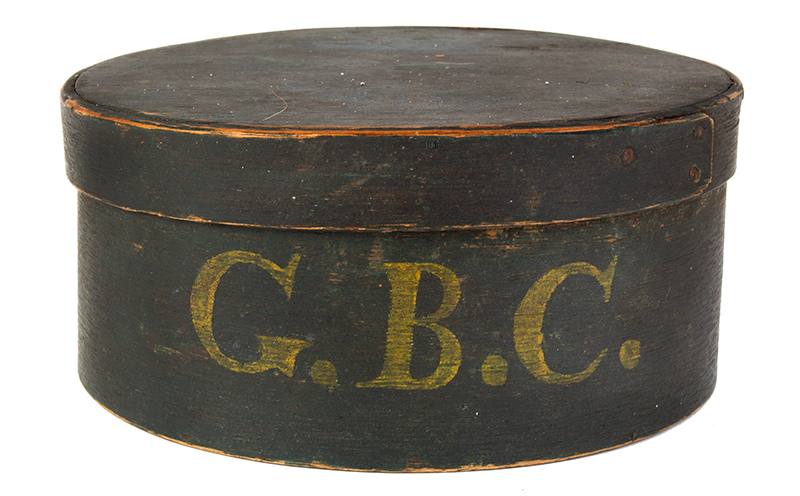 19th Century Round Spice Box, Pantry Box Initialed - GBC, Original Paint New England, entire view