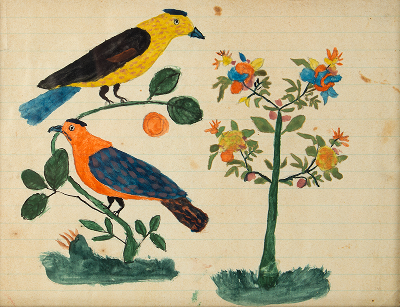 Folk Art, Watercolor, Colorful Birds, Flowering Plants