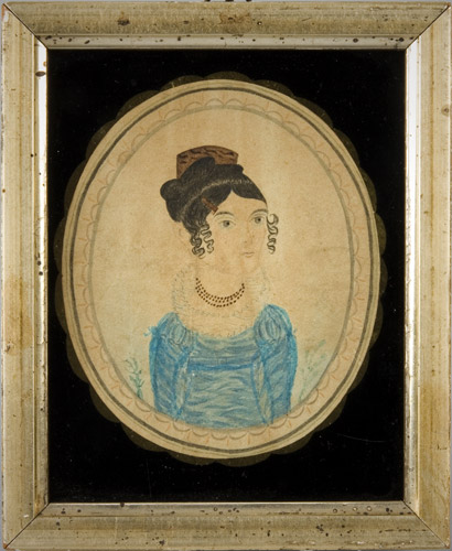 Folk Art Watercolor Portraits, New England, Sensitive & Delicately Rendered The lady identified on verso as Alissa Preston, entire view