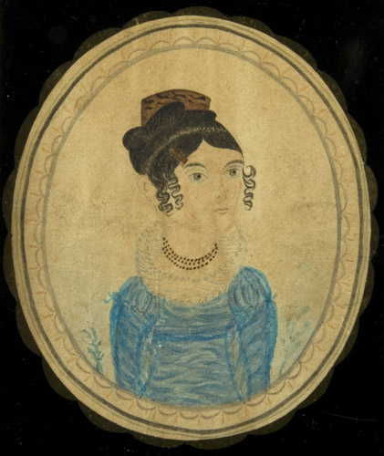 Folk Art Watercolor Portraits, New England, Sensitive & Delicately Rendered The lady identified on verso as Alissa Preston, entire view sans frame