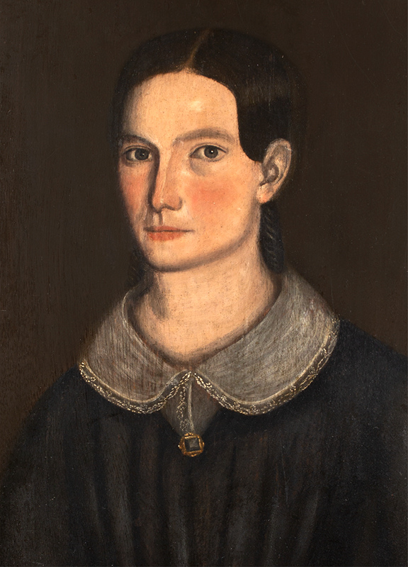 Folk Art Portrait, Young Woman, by Ralph D. Curtis Ralph Curtis (1808-1885) New York, detail view
