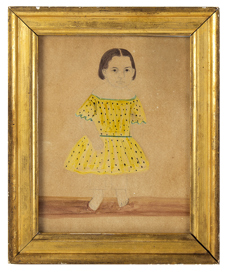 JA Davis (Jane Anthony) Full Length Portrait of Girl, Yellow Dress, Green Trim