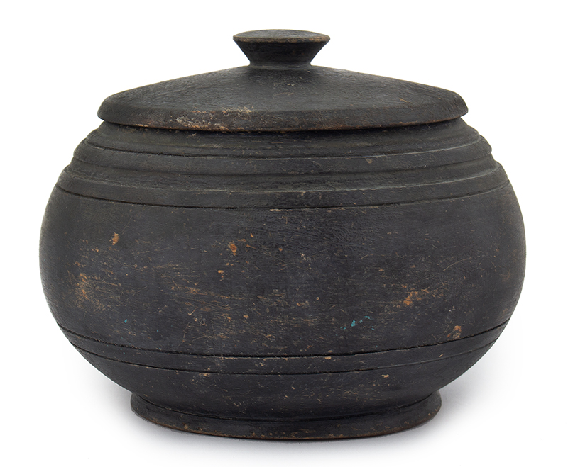 Treen, Lidded Sugar Bowl, Turned Covered Box, Original Charcoal Paint