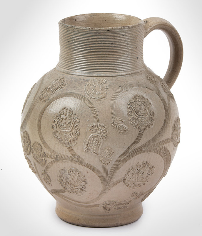 Westerwald Salt Glazed White Stoneware Jug, Incised & Applied Decoration. Sprigged with Foliate Designs, Rouletted Neck. Circa 1690, Image 1