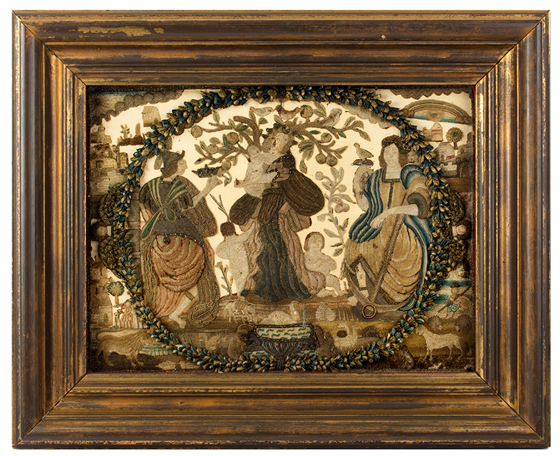 Seventeenth Century Stumpwork Embroidery, Faith, Hope, and Charity (Caritis), entire view