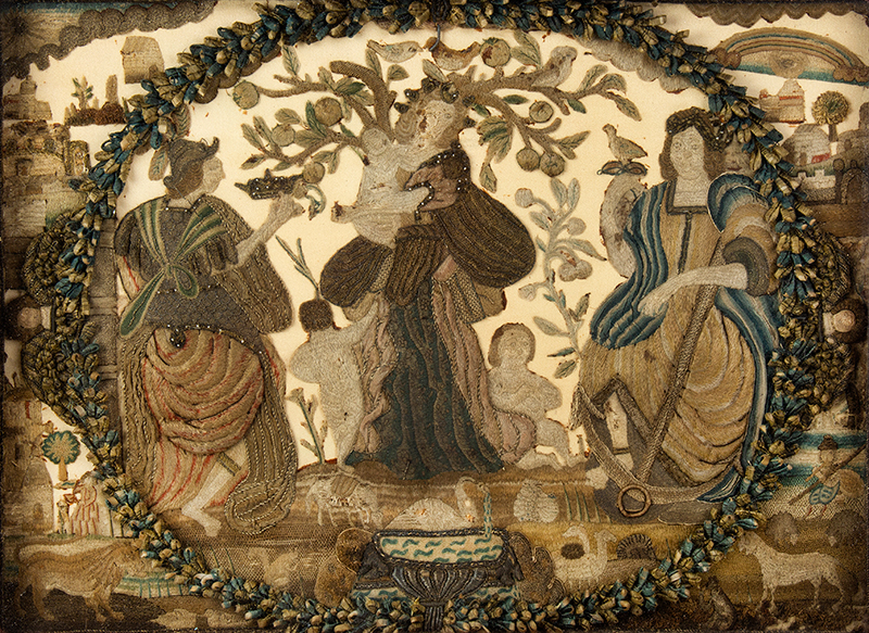 Seventeenth Century Stumpwork Embroidery, Faith, Hope, and Charity (Caritis), detail view
