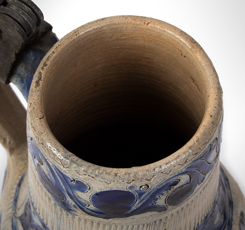 German Stoneware Jug, Westerwald Krug, Incised, Decoration Brushed in Cobalt, mouth view