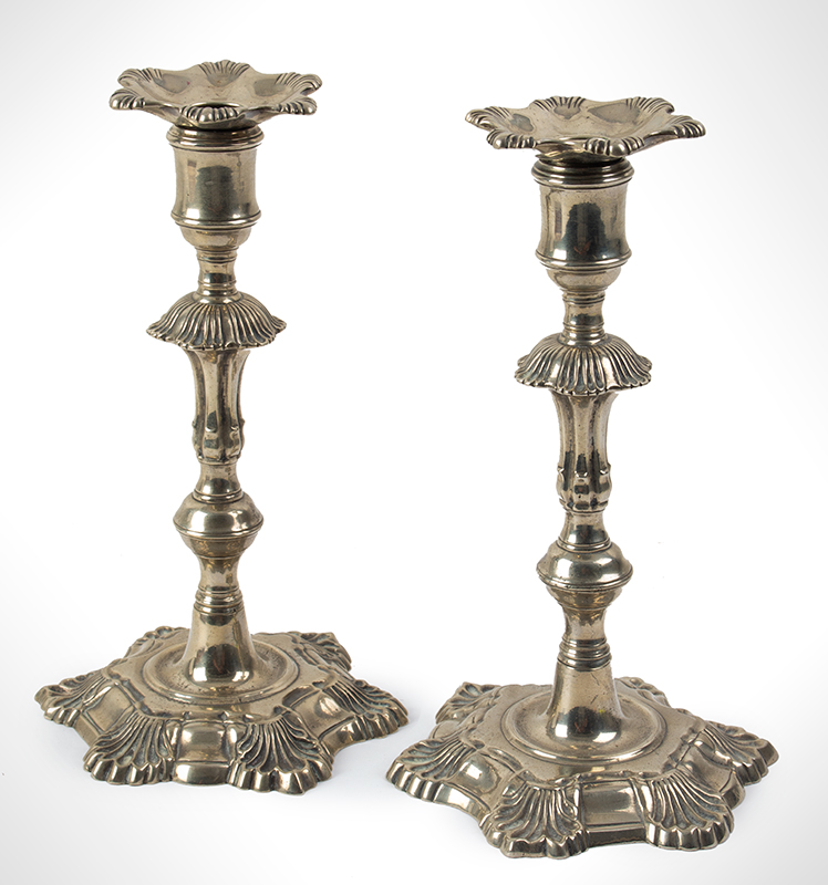 Pair, Paktong Candlesticks with Bobeches, Early Queen Anne, Shell Base Beautiful!, entire view 1