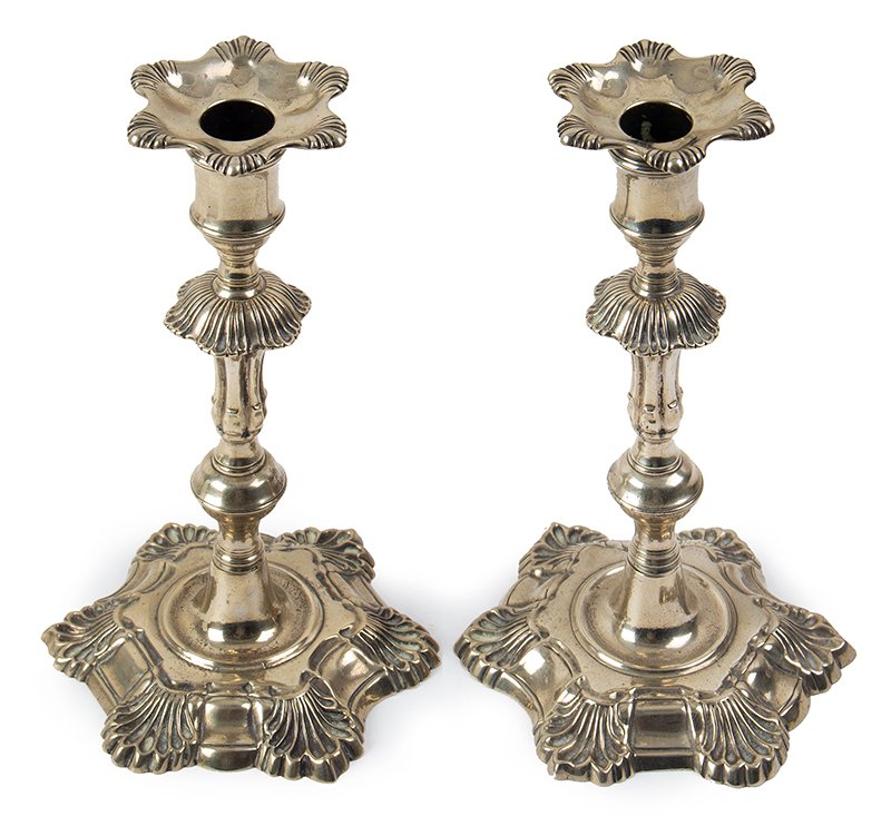 Pair, Paktong Candlesticks with Bobeches, Early Queen Anne, Shell Base Beautiful!, entire view 3