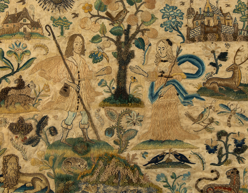 Needlework, Seventeenth Century Embroidered Pictorial Panel, Charles II England, detail view