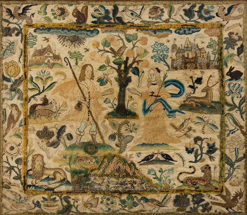 Needlework, Seventeenth Century Embroidered Pictorial Panel, Charles II England, entire view sans frame