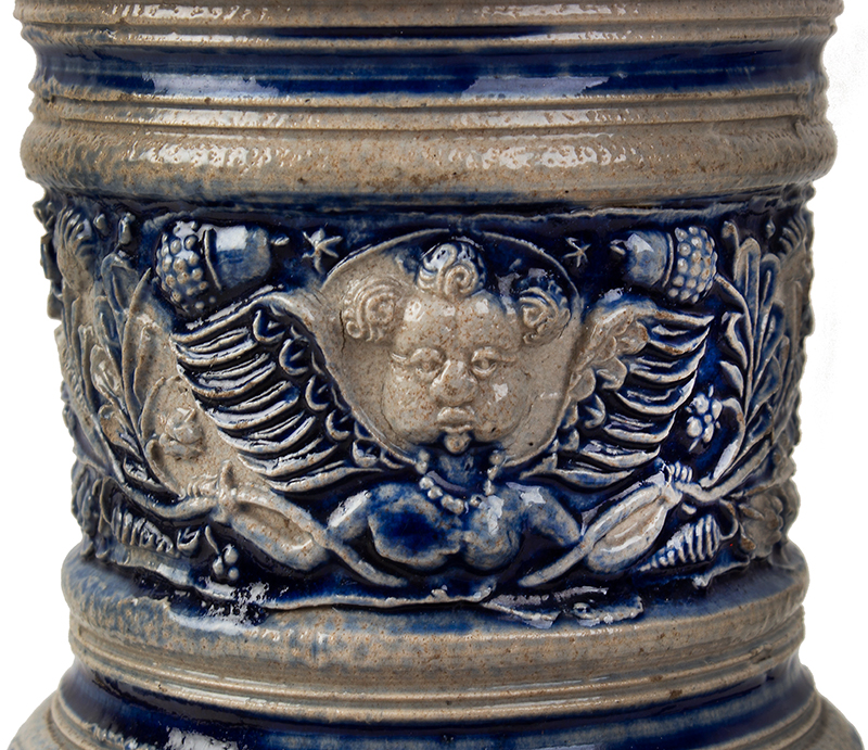 German Stoneware Jug, Enghals, Westerwald, Bodacious Angel in Neck Cordon, detail view 1
