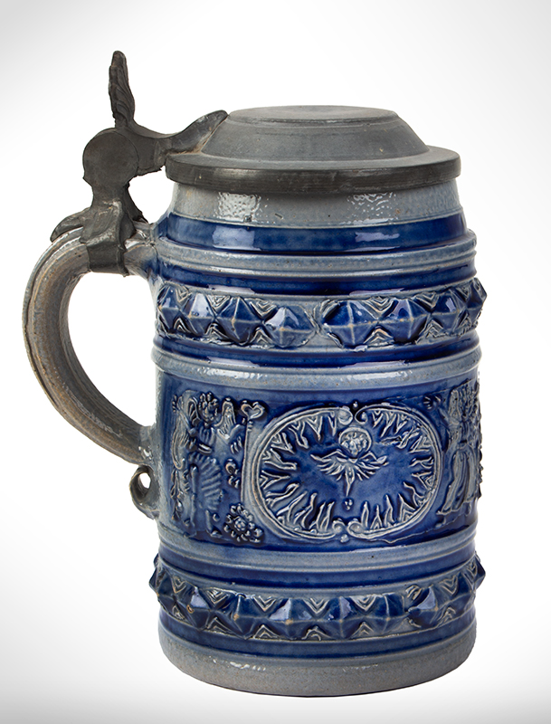 German Stoneware Mug, Westerwald Humpen, Pewter Mounted Stein, Image 1