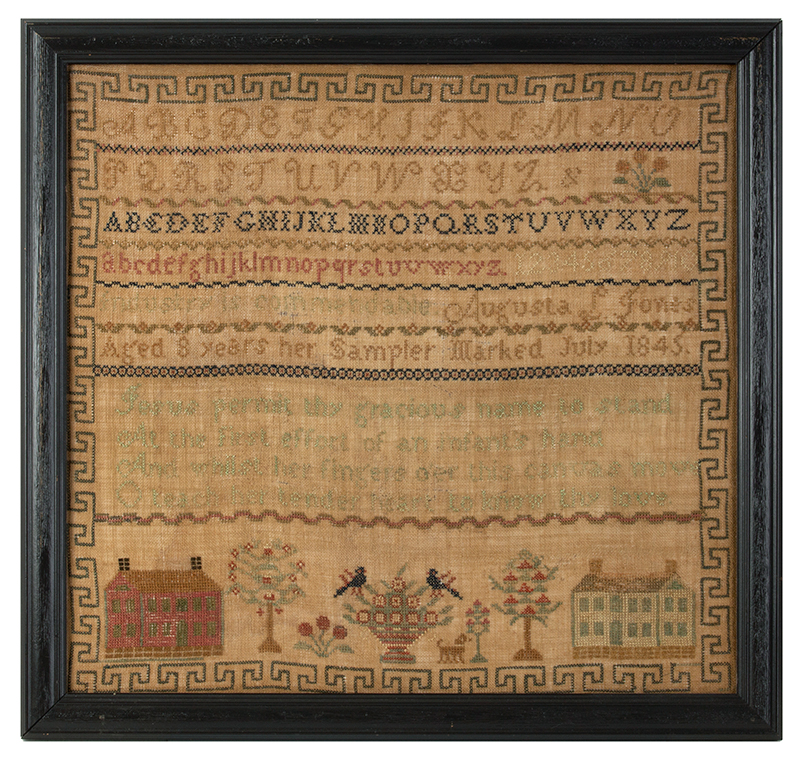 Nineteenth Century House Sampler, Augusta L. Jones, Industry is Commendable Born: Saybrook, Connecticut, 1837, entire view