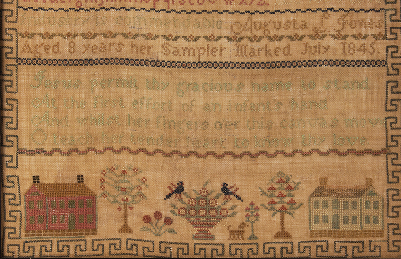 Nineteenth Century House Sampler, Augusta L. Jones, Industry is Commendable Born: Saybrook, Connecticut, 1837, detail view 1