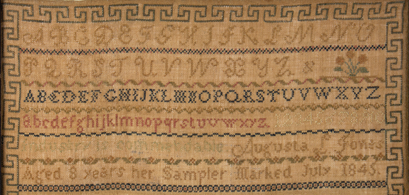 Nineteenth Century House Sampler, Augusta L. Jones, Industry is Commendable Born: Saybrook, Connecticut, 1837, detail view 2