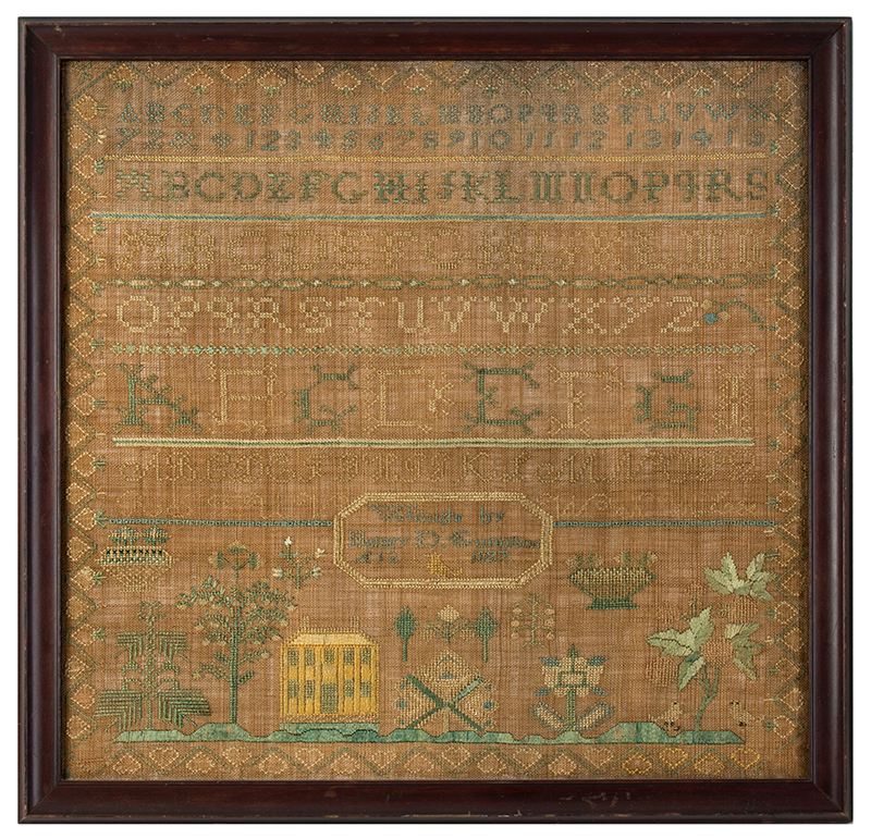 Nineteenth Century New Hampshire House Sampler Wrought by Betsy Gunnison Betsy Diana Gunnison, Goshen, NH, Born: April 8, 1815, entire view