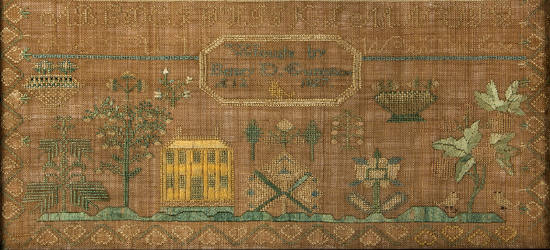 Nineteenth Century New Hampshire House Sampler Wrought by Betsy Gunnison Betsy Diana Gunnison, Goshen, NH, Born: April 8, 1815, detail view 1