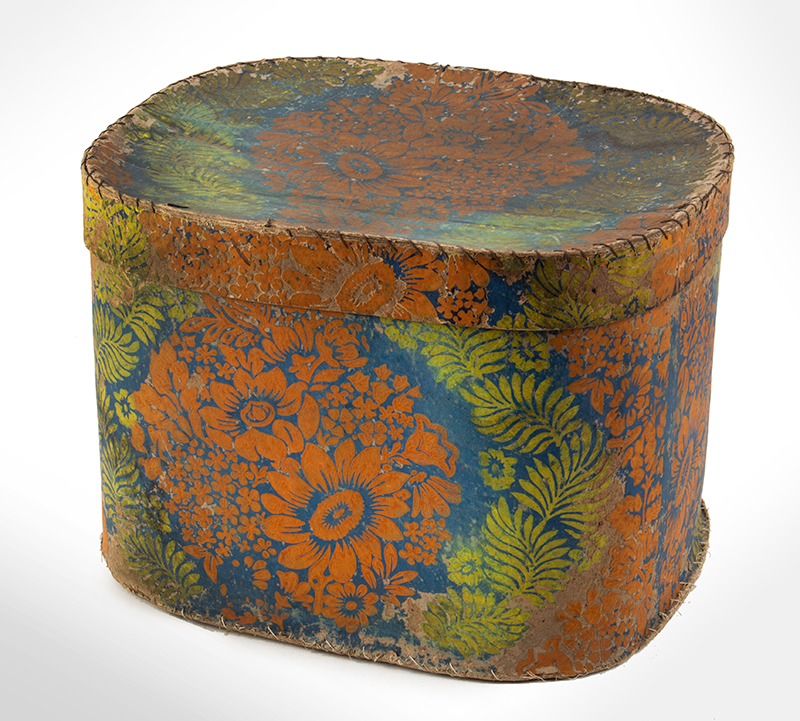Box, Wallpapered Oval Band Box, Hat Box, entire view