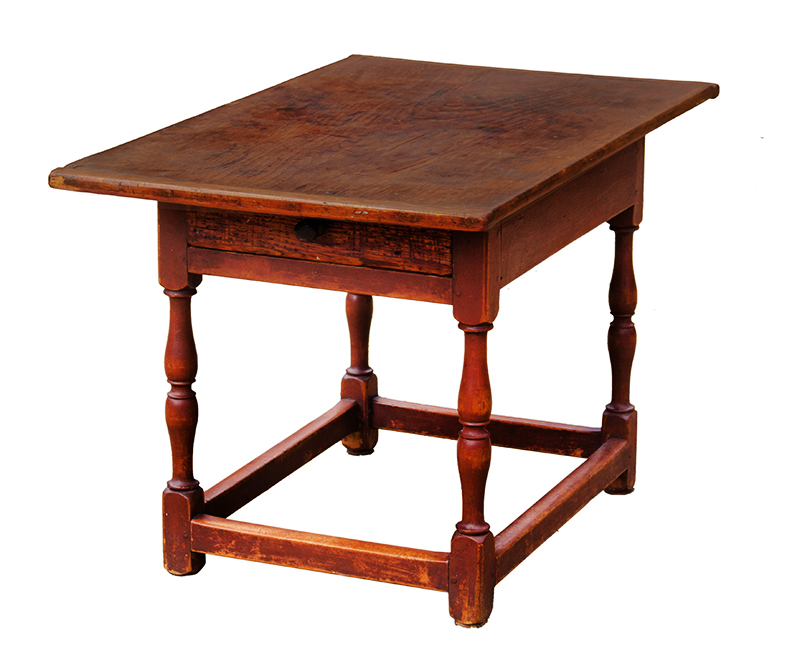 Tavern Table, William and Mary Worktable with Drawer, Old Red Paint Probably Southshore of Massachusetts, entire view