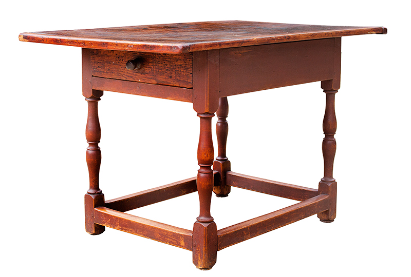 Tavern Table, William and Mary Worktable with Drawer, Old Red Paint Probably Southshore of Massachusetts, entire view 2