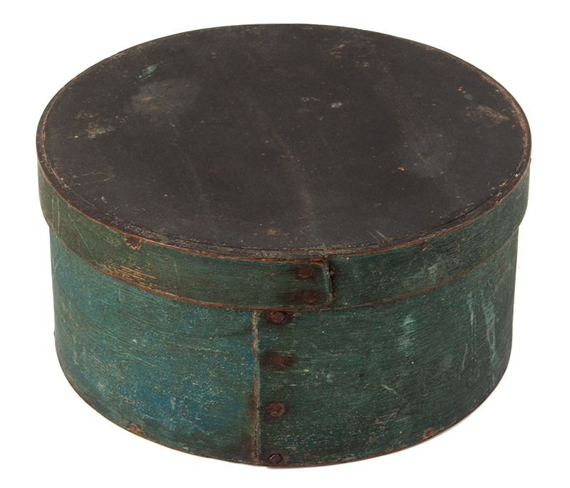 Box, Pantry Box, Round Spice Box, Bentwood, Original Blue Green Paint, entire view
