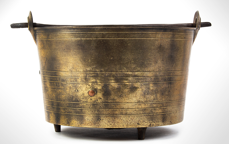 Brass Three-Legged Cauldron, Preserving Pan, Wrought Iron Handle, Make-Do Repair Likely England, entire view
